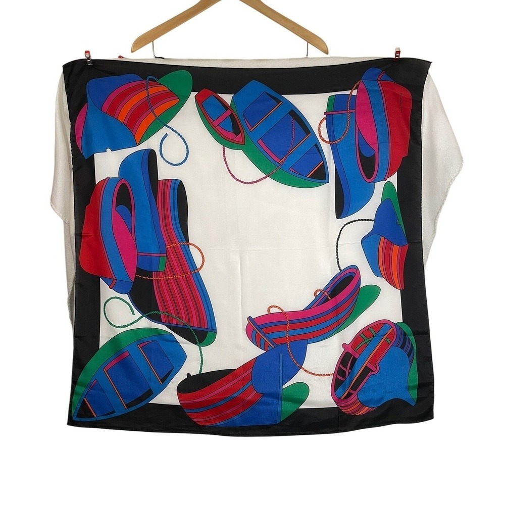 Vintage 1992 Liz Claiborne Nautical Boat Print Square Scarf Blue Green 31x31 - Picture 7 of 13